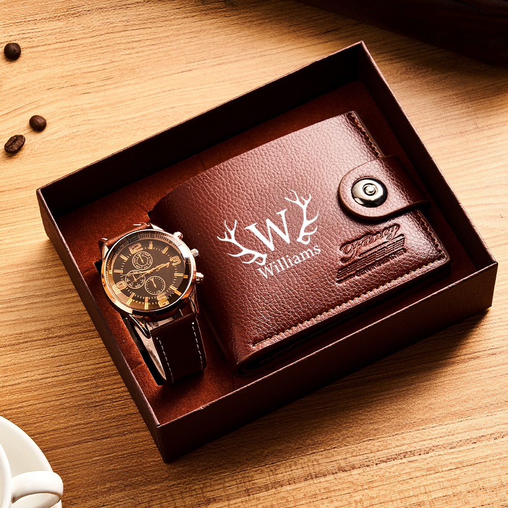 Father's Day Gift Set Custom Name Men's Watch and Wallet Gift Box Men's Gift