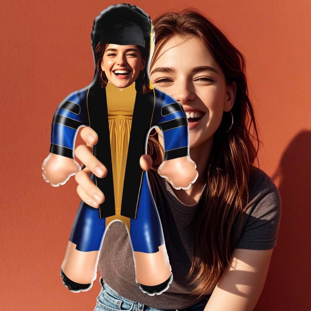 Face Blow Up Doll Blue and Gold Graduation Air Minime Custom Inflatable Face Doll - PhotoMoonLamp