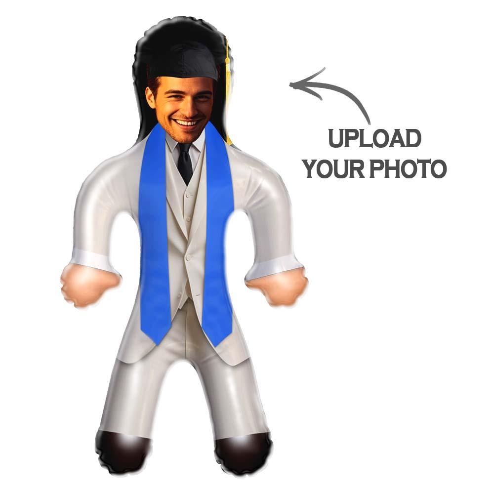 Custom Graduation Suit Style Face Air Minime Doll White Suit & Blue Stole Inflatable Doll - PhotoMoonLamp