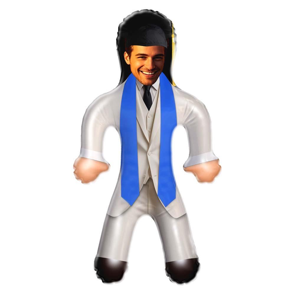 Custom Graduation Suit Style Face Air Minime Doll White Suit & Blue Stole Inflatable Doll - PhotoMoonLamp