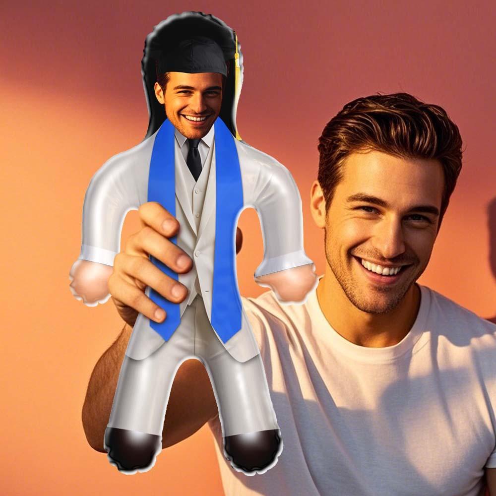 Custom Graduation Suit Style Face Air Minime Doll White Suit & Blue Stole Inflatable Doll - PhotoMoonLamp