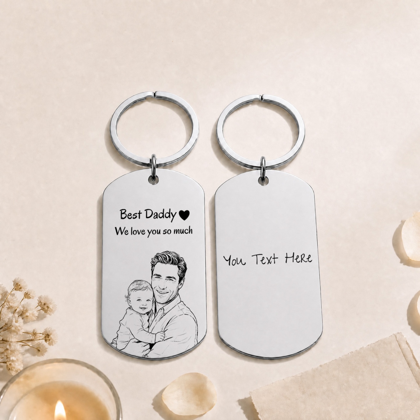 Personalised Photo Keychain Custom Engraved Sketch Keyring for Dad Memorial Stainless Steel Keepsake Birthday Gift for Him