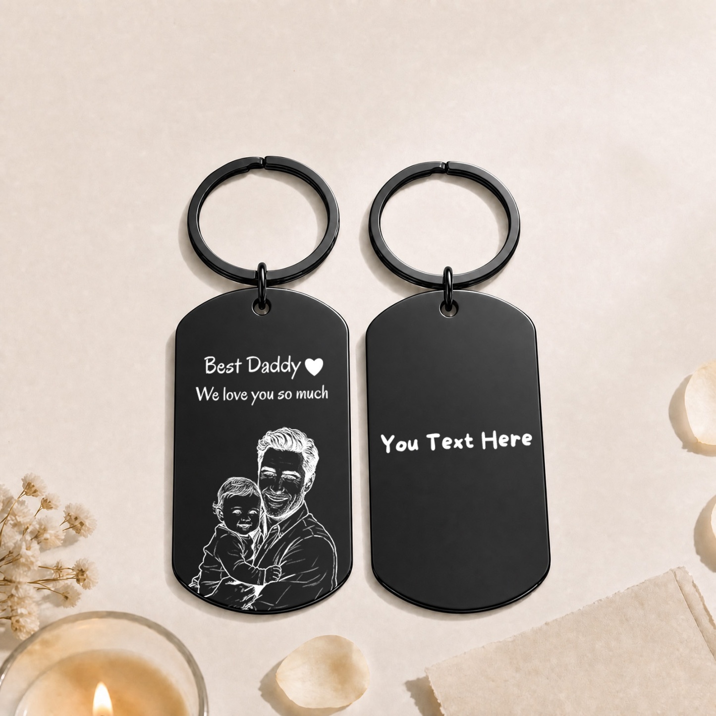 Personalised Photo Keychain Custom Engraved Sketch Keyring for Dad Memorial Stainless Steel Keepsake Birthday Gift for Him