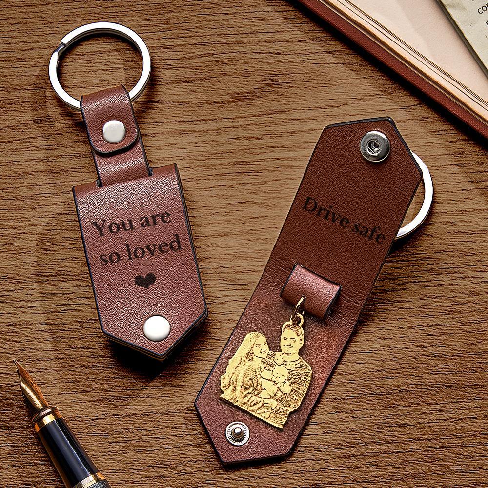 Custom Photo Leather Keychain With Text Annivesary Gifts For Men - photomoonlamp