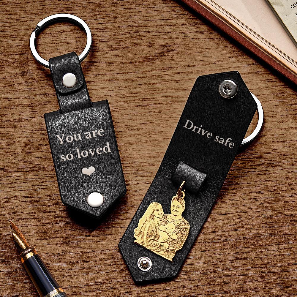Custom Photo Leather Keychain With Text Annivesary Gifts For Men - photomoonlamp