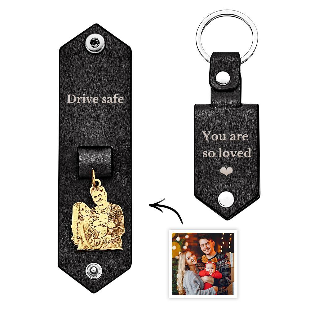Custom Photo Leather Keychain With Text Annivesary Gifts For Men - photomoonlamp