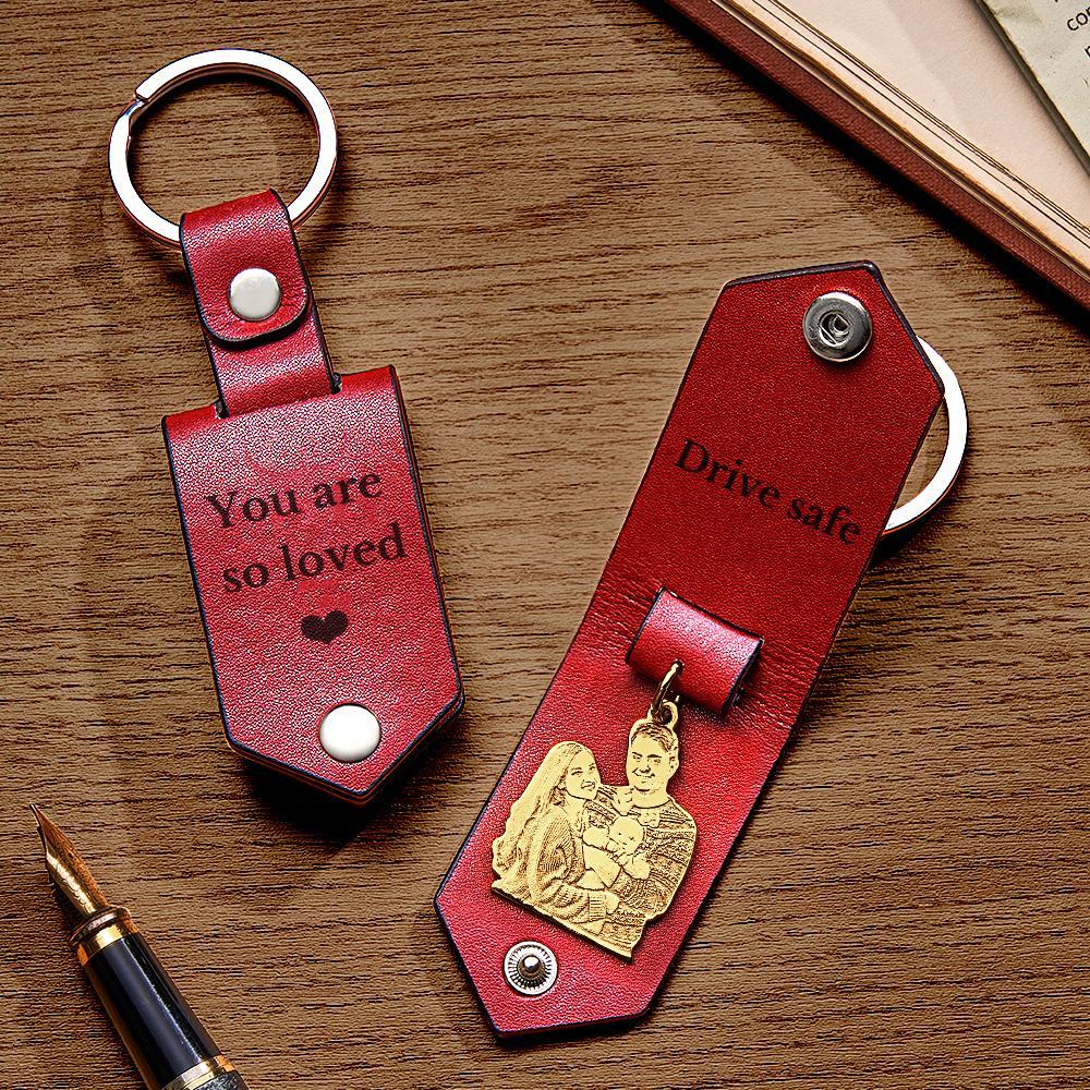 Custom Photo Leather Keychain With Text Annivesary Gifts For Men - photomoonlamp