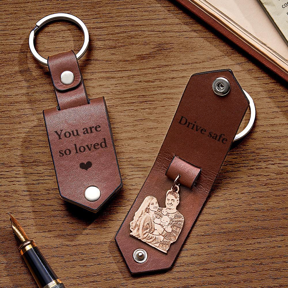 Custom Photo Leather Keychain With Text Annivesary Gifts For Men - photomoonlamp