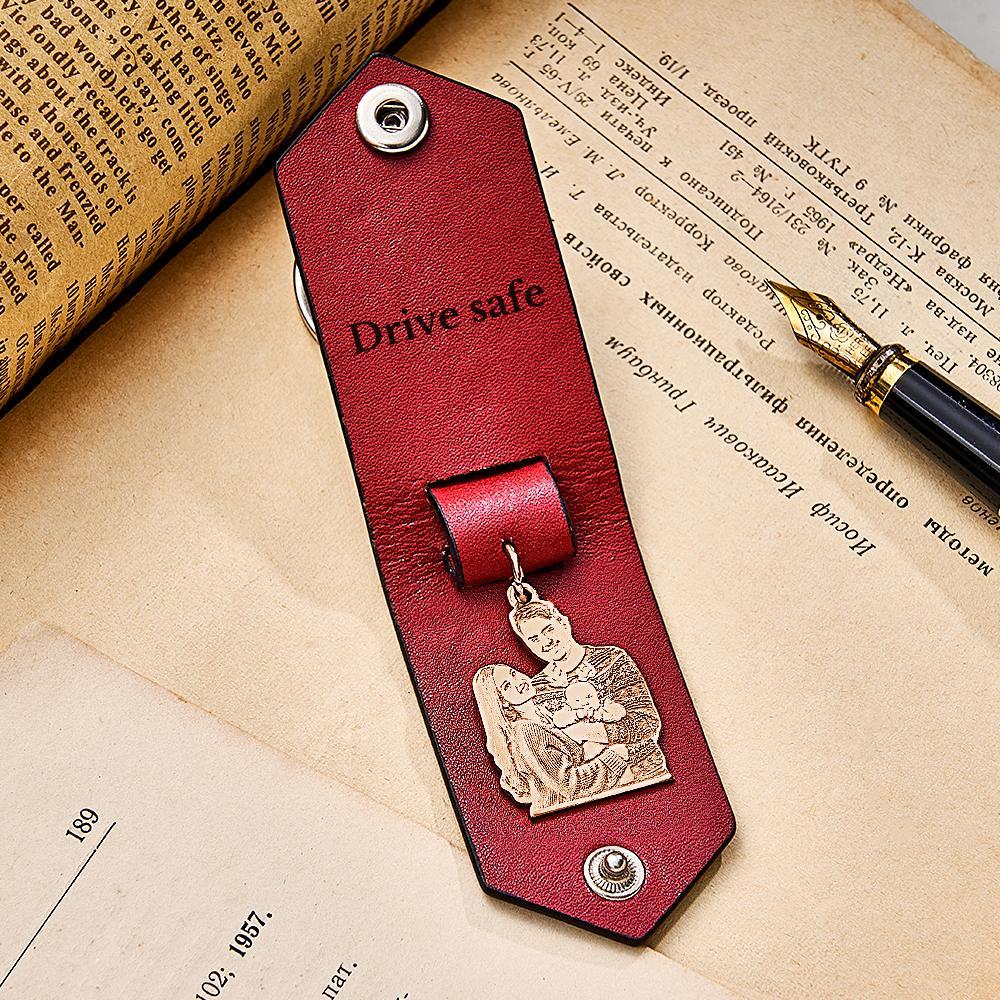Custom Photo Leather Keychain With Text Annivesary Gifts For Men - photomoonlamp