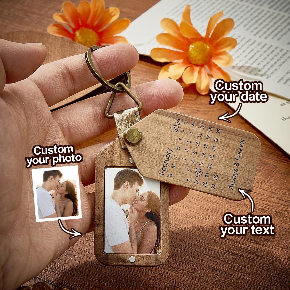 Personalized Calendar Photo Keychain Magnetic Engraved Keychain Valentine's Day Gifts for Him - photomoonlamp