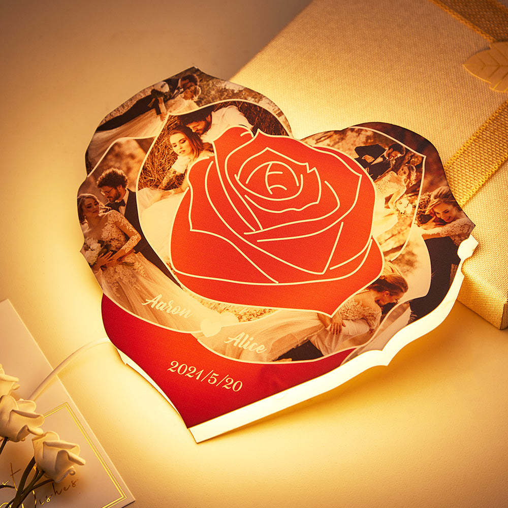 Custom Photo Engraved Night Light Heart Rose Romantic Couple Gifts - photomoonlamp