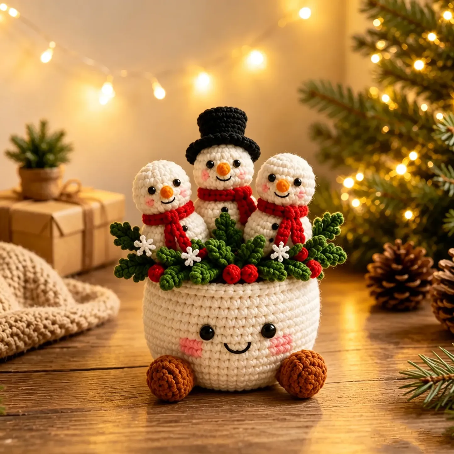 Crochet Christmas Plant Pot Cover – Handmade Holiday Decor for Home & Office