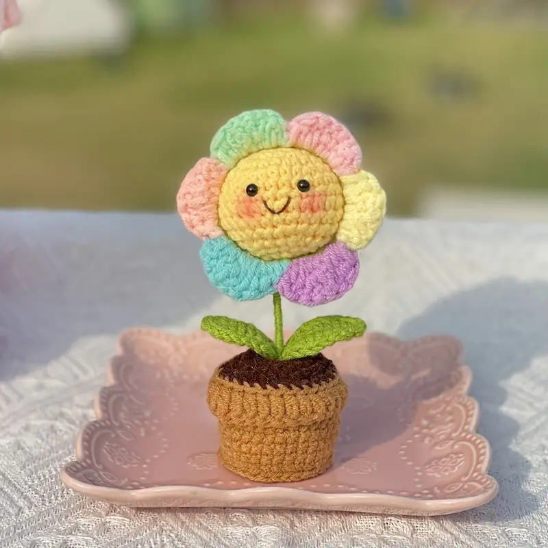 Crocheted Smiley Flower Mini Pot Rainbow Pastel Desk Decor