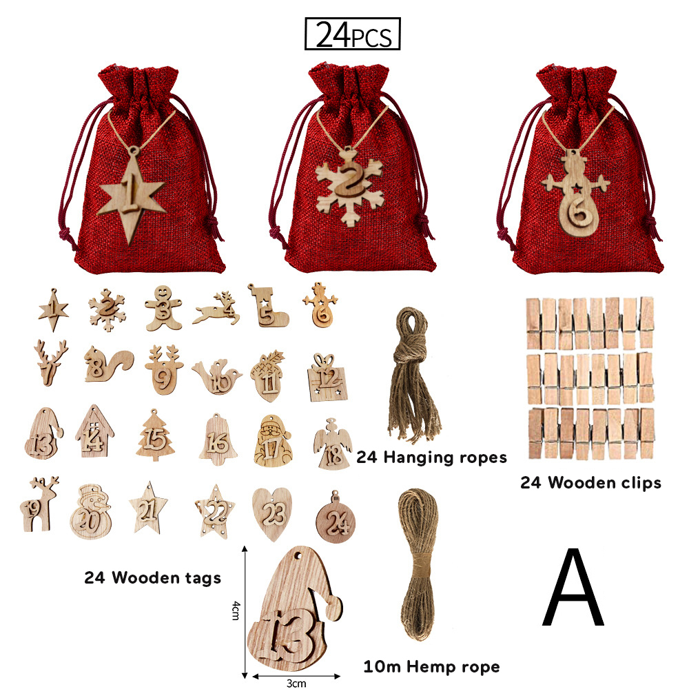 24 Pack Advent Calendar Bags for Filling, Red Jute Bags, Christmas Calendar, Jute Bags, Advent Calendar Filling, Cloth Bags, Christmas Calendar with Wooden Pendant