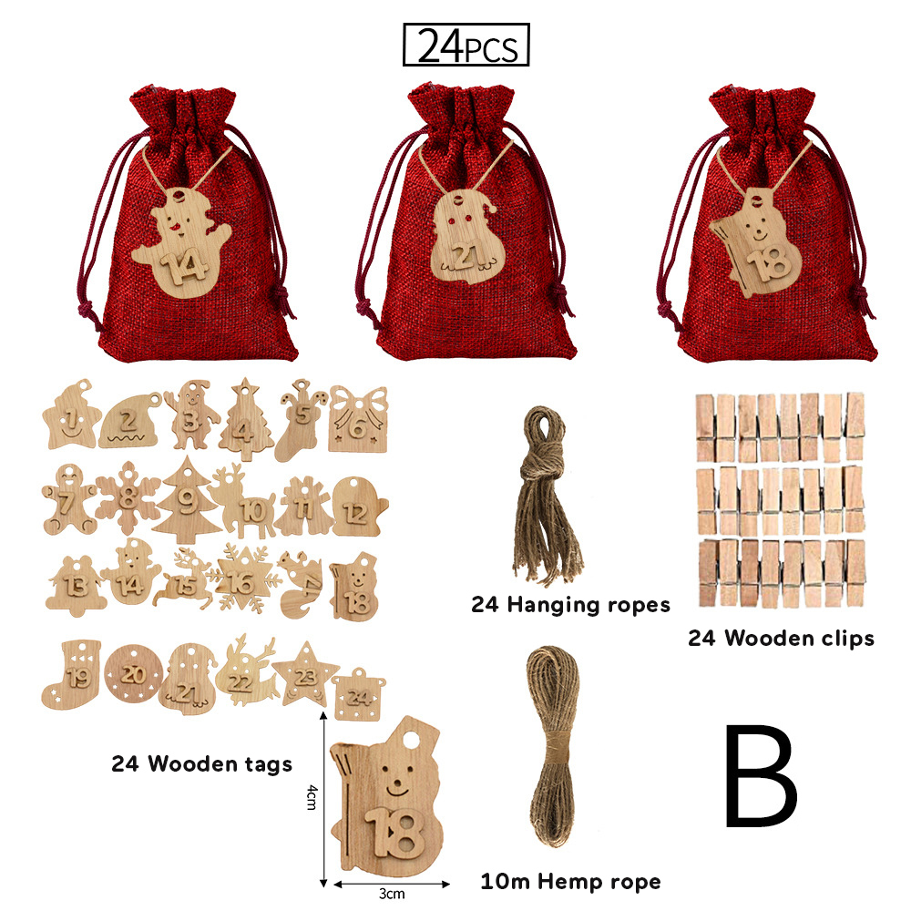 24 Pack Advent Calendar Bags for Filling, Red Jute Bags, Christmas Calendar, Jute Bags, Advent Calendar Filling, Cloth Bags, Christmas Calendar with Wooden Pendant