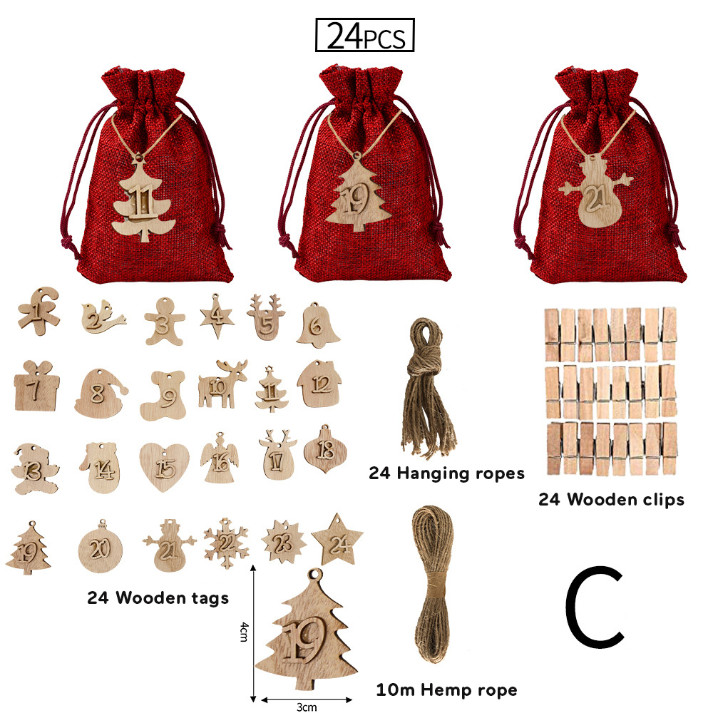 24 Pack Advent Calendar Bags for Filling, Red Jute Bags, Christmas Calendar, Jute Bags, Advent Calendar Filling, Cloth Bags, Christmas Calendar with Wooden Pendant