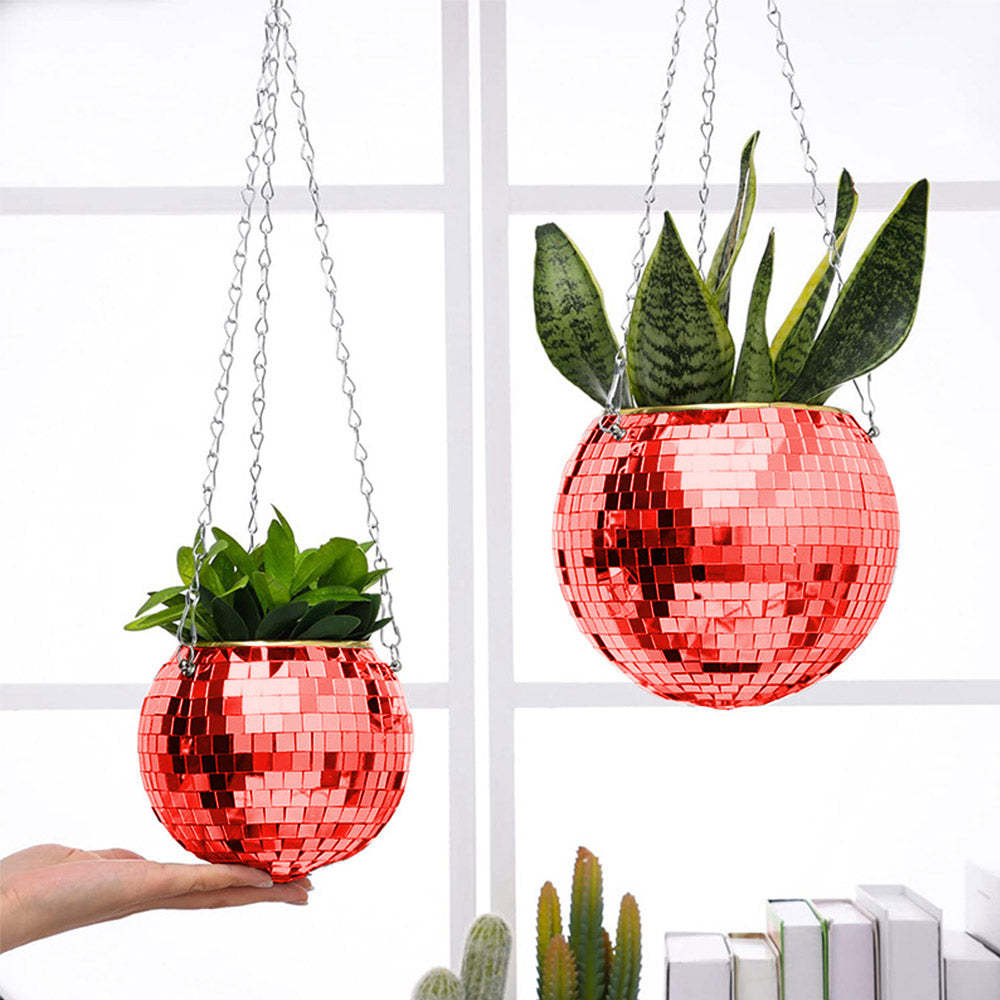 Disco Planter for Indoor Plants Unique Boho Hanging Plant Pots with Mosaic Mirror Tiles - photomoonlamp