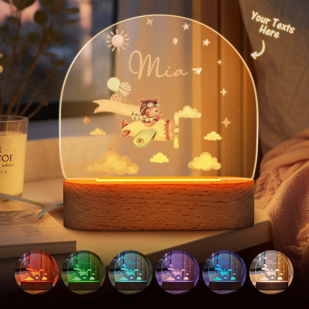 Personalised Baby Night Light With Wooden Base Custom Name Nursery Animals Light Baby Gift - photomoonlamp