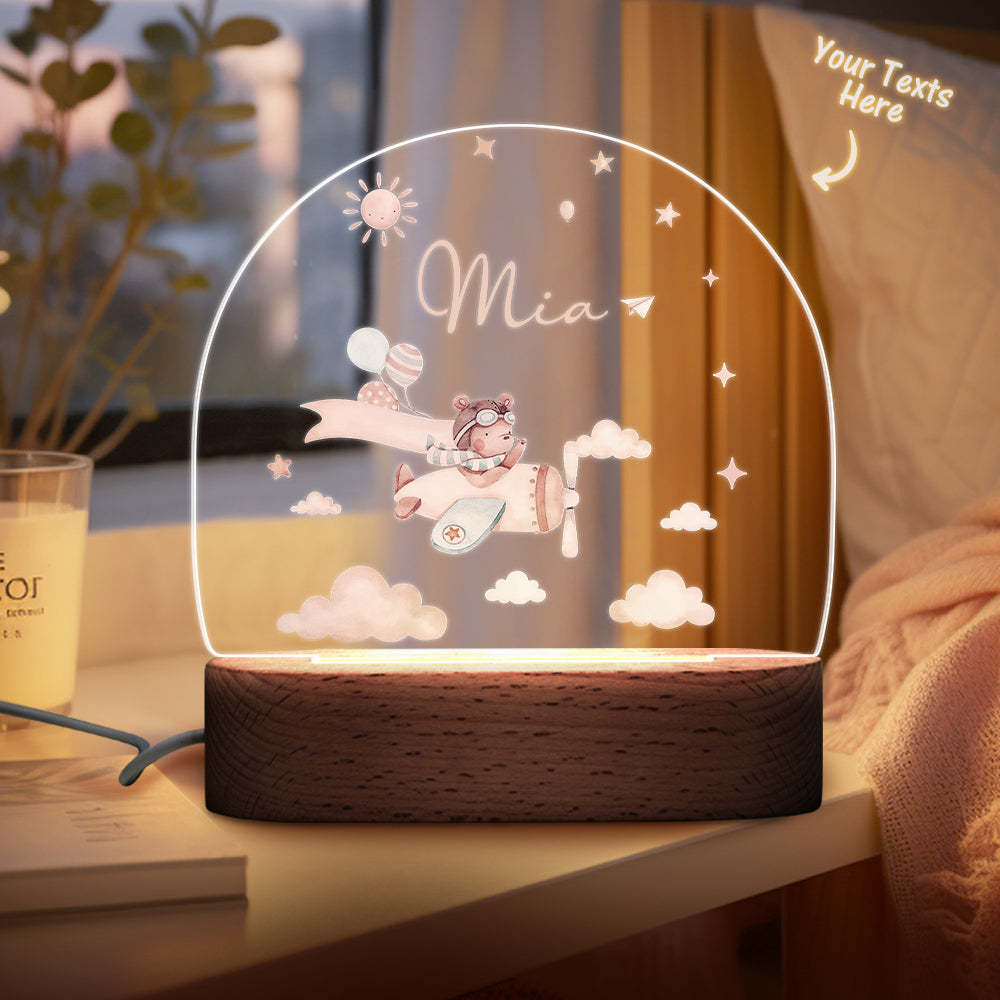 Personalised Baby Night Light With Wooden Base Custom Name Nursery Animals Light Baby Gift - photomoonlamp