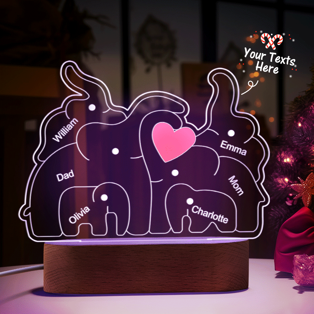 Personalized Names Elephant Family Acrylic Lamp Custom Night Light Best Christmas Gift - photomoonlamp