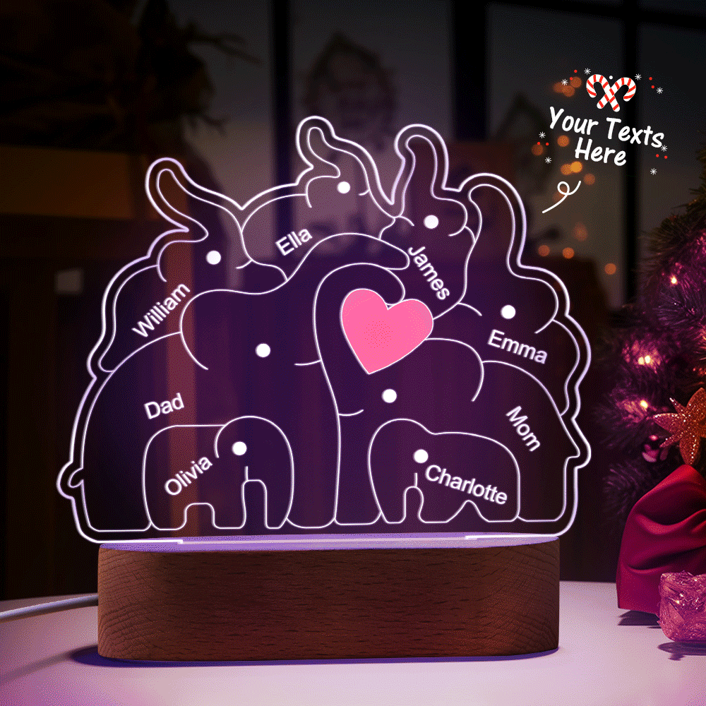 Personalized Names Elephant Family Acrylic Lamp Custom Night Light Best Christmas Gift - photomoonlamp