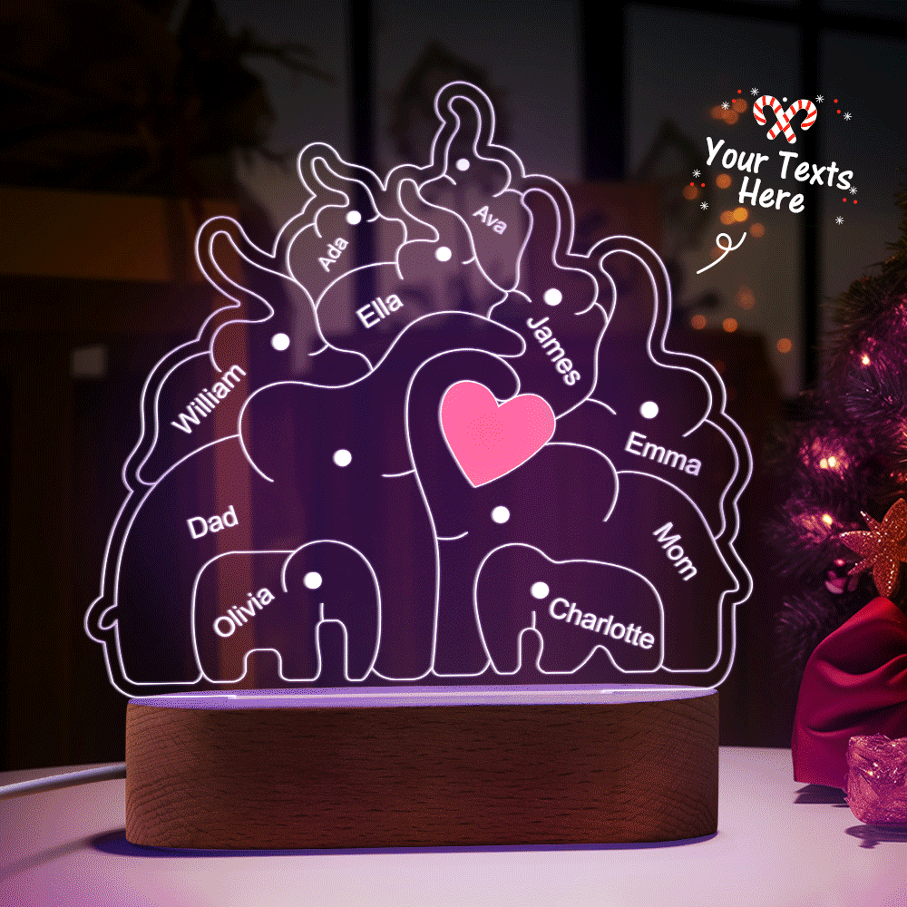 Personalized Names Elephant Family Acrylic Lamp Custom Night Light Best Christmas Gift - photomoonlamp