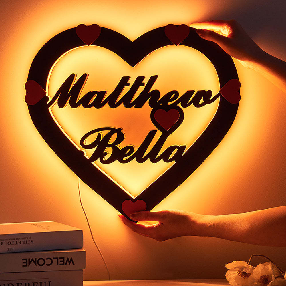 Custom Name Red Heart Night Light Romantic Wall Hanging LED Light Gifts For Couples - photomoonlamp