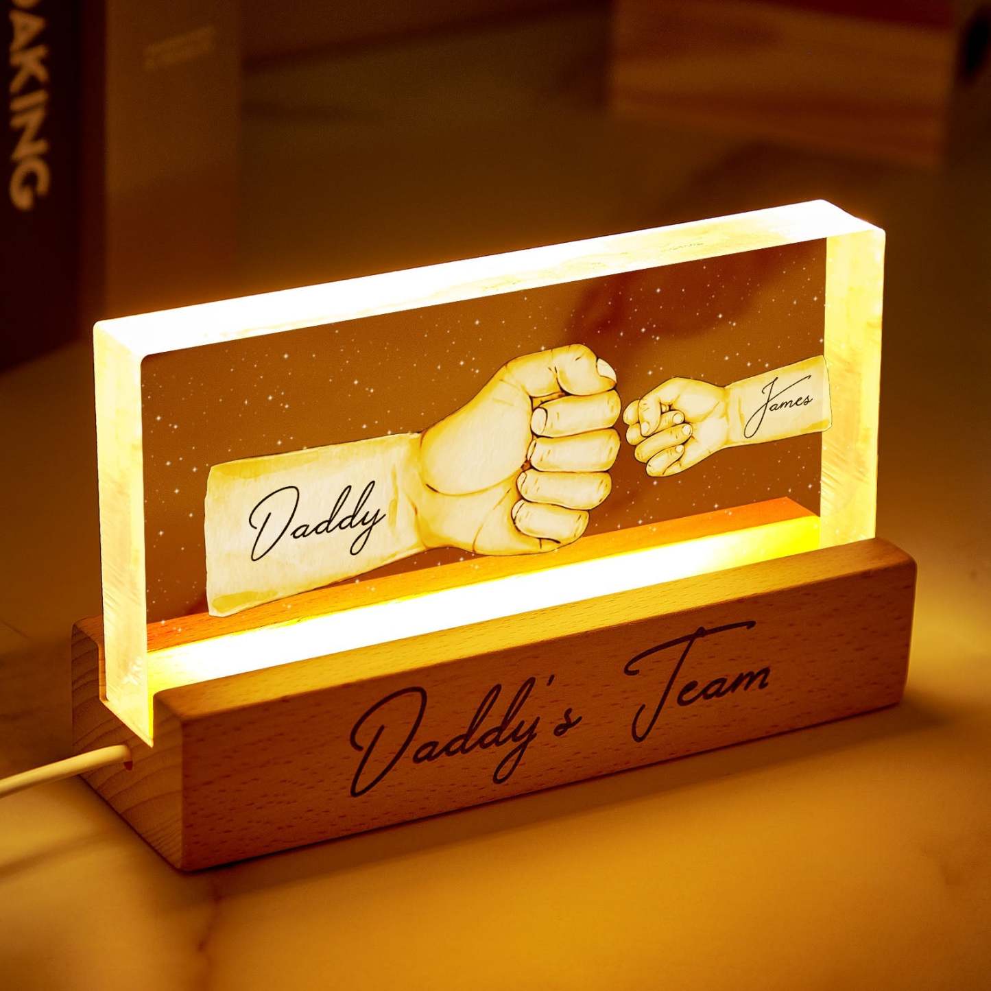 Custom Acrylic LED Night Light Personalized Daddy's Team Fist Bump Father's Day Gift For Dad - photomoonlamp