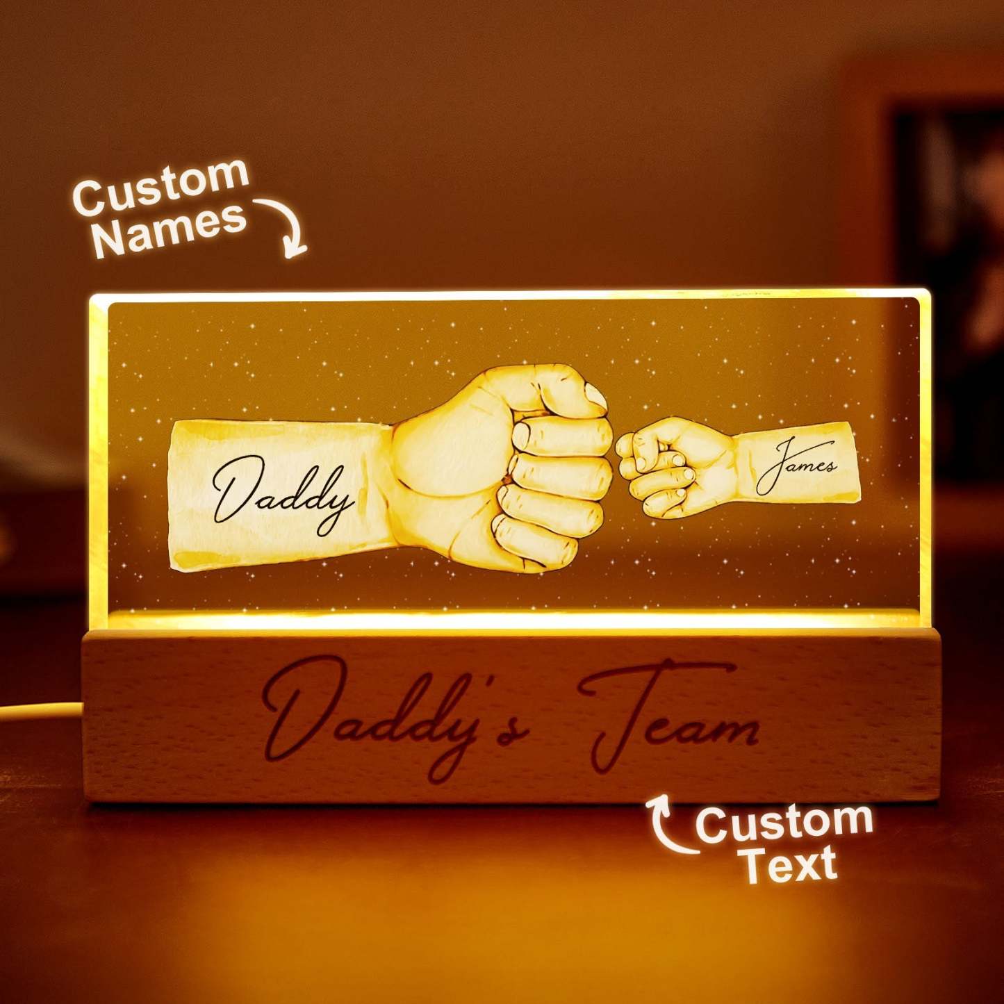 Custom Acrylic LED Night Light Personalized Daddy's Team Fist Bump Father's Day Gift For Dad - photomoonlamp