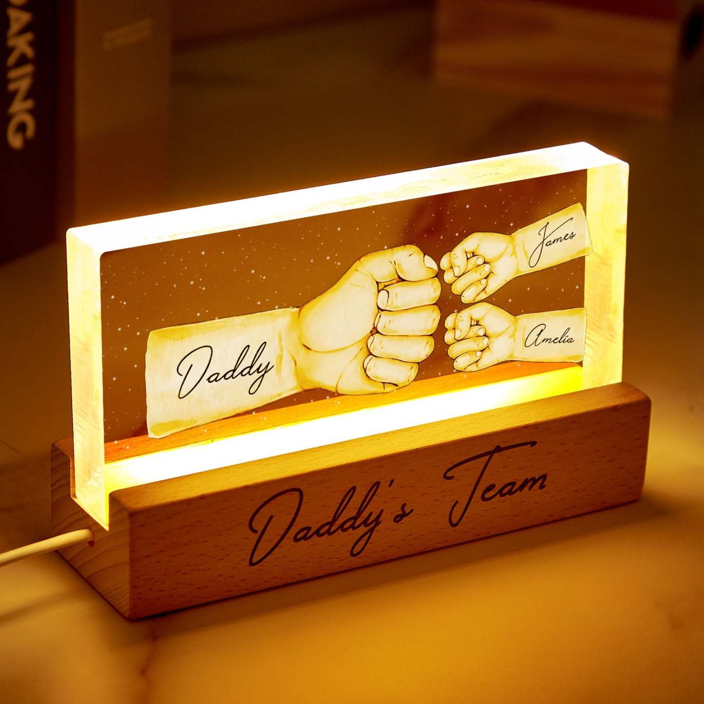 Custom Acrylic LED Night Light Personalized Daddy's Team Fist Bump Father's Day Gift For Dad - photomoonlamp