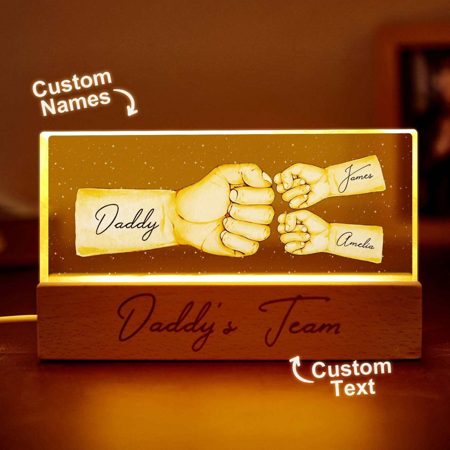 Custom Acrylic LED Night Light Personalized Daddy's Team Fist Bump Father's Day Gift For Dad - photomoonlamp