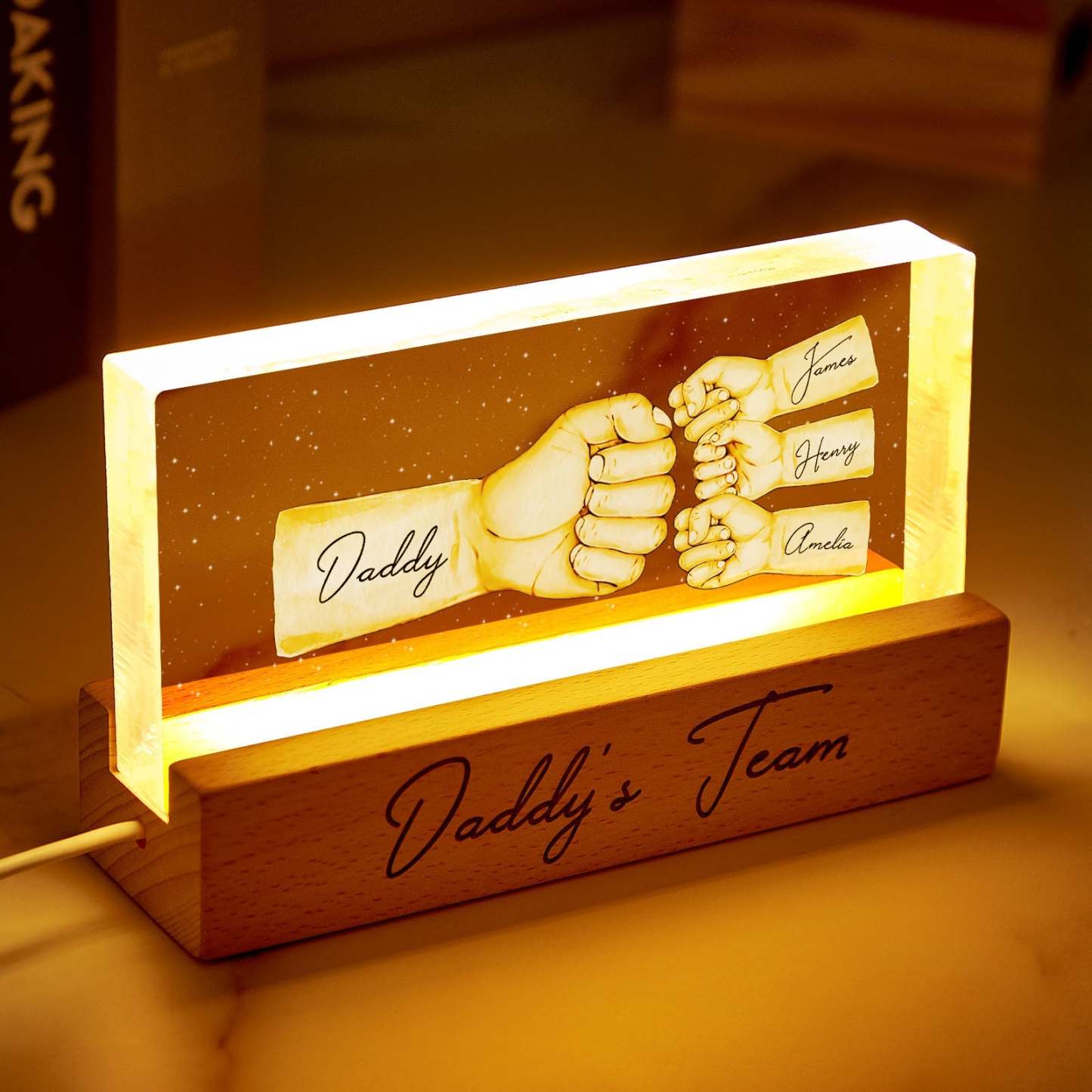 Custom Acrylic LED Night Light Personalized Daddy's Team Fist Bump Father's Day Gift For Dad - photomoonlamp