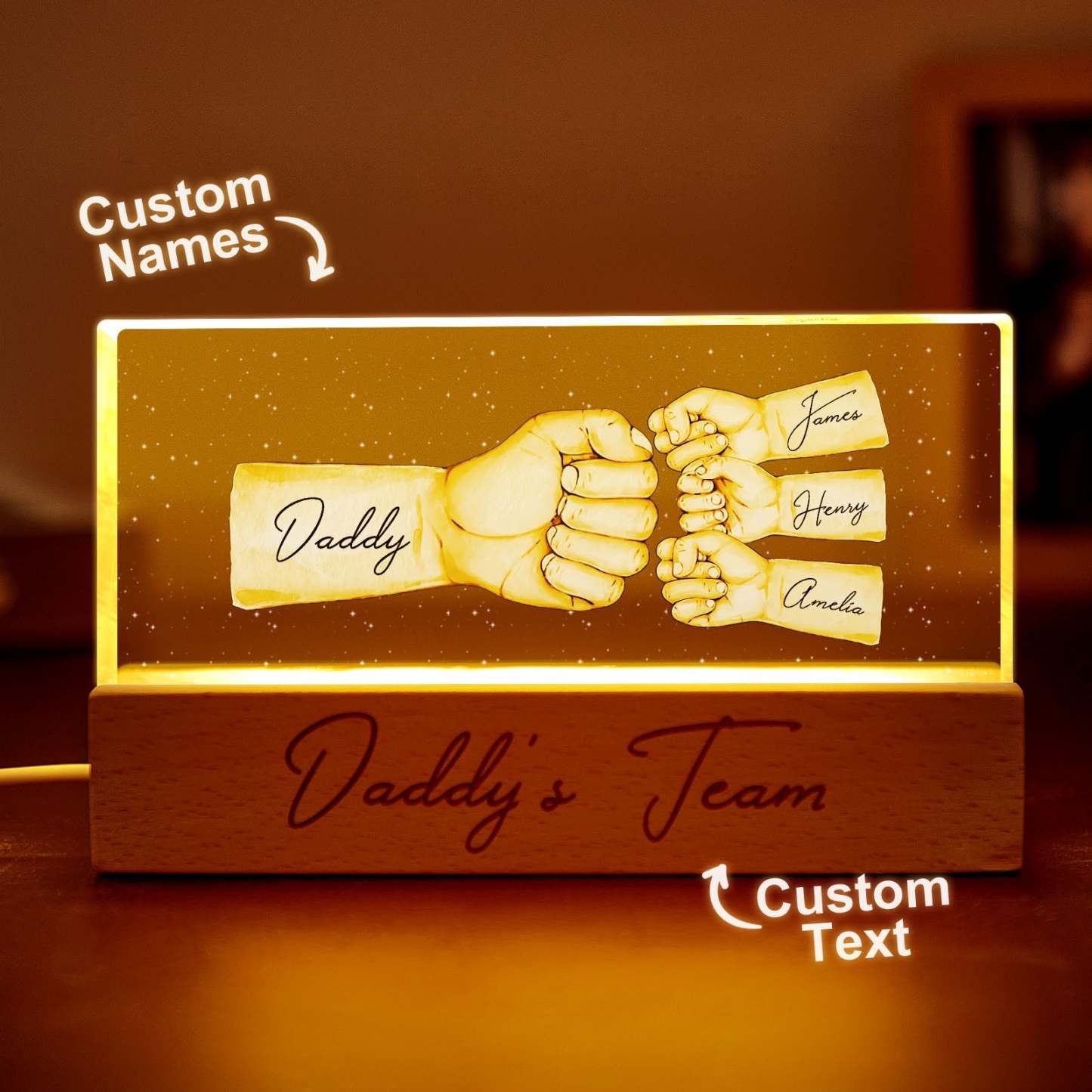 Custom Acrylic LED Night Light Personalized Daddy's Team Fist Bump Father's Day Gift For Dad - photomoonlamp