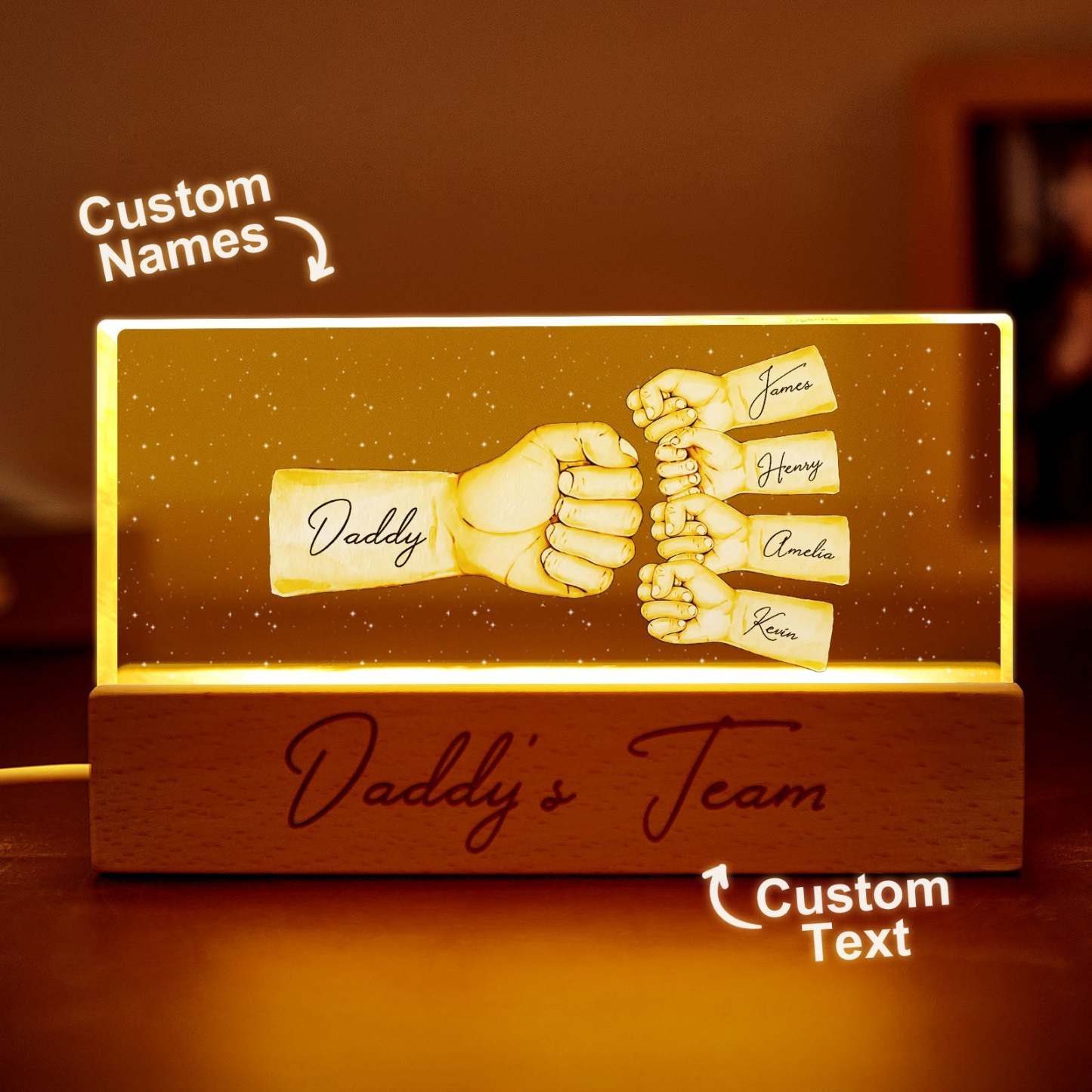 Custom Acrylic LED Night Light Personalized Daddy's Team Fist Bump Father's Day Gift For Dad - photomoonlamp