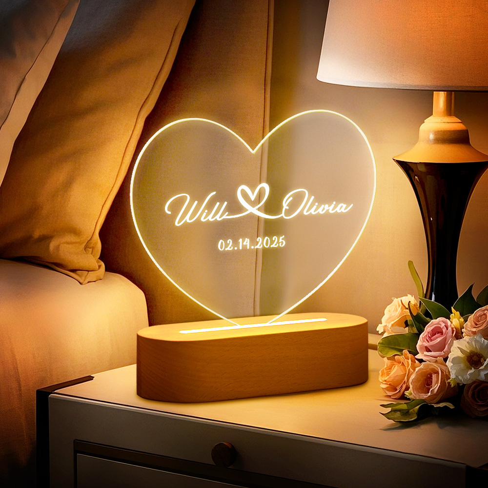 Personalized Lamp Night Light Custom Acrylic night light, Customized Valentine's Day, Wedding, Anniversary Names And Date