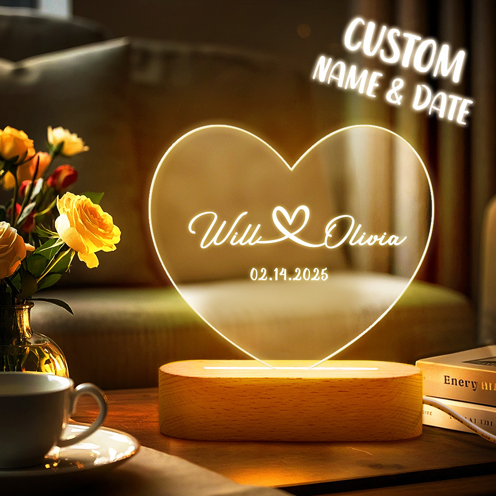 Personalized Lamp Night Light Custom Acrylic night light, Customized Valentine's Day, Wedding, Anniversary Names And Date