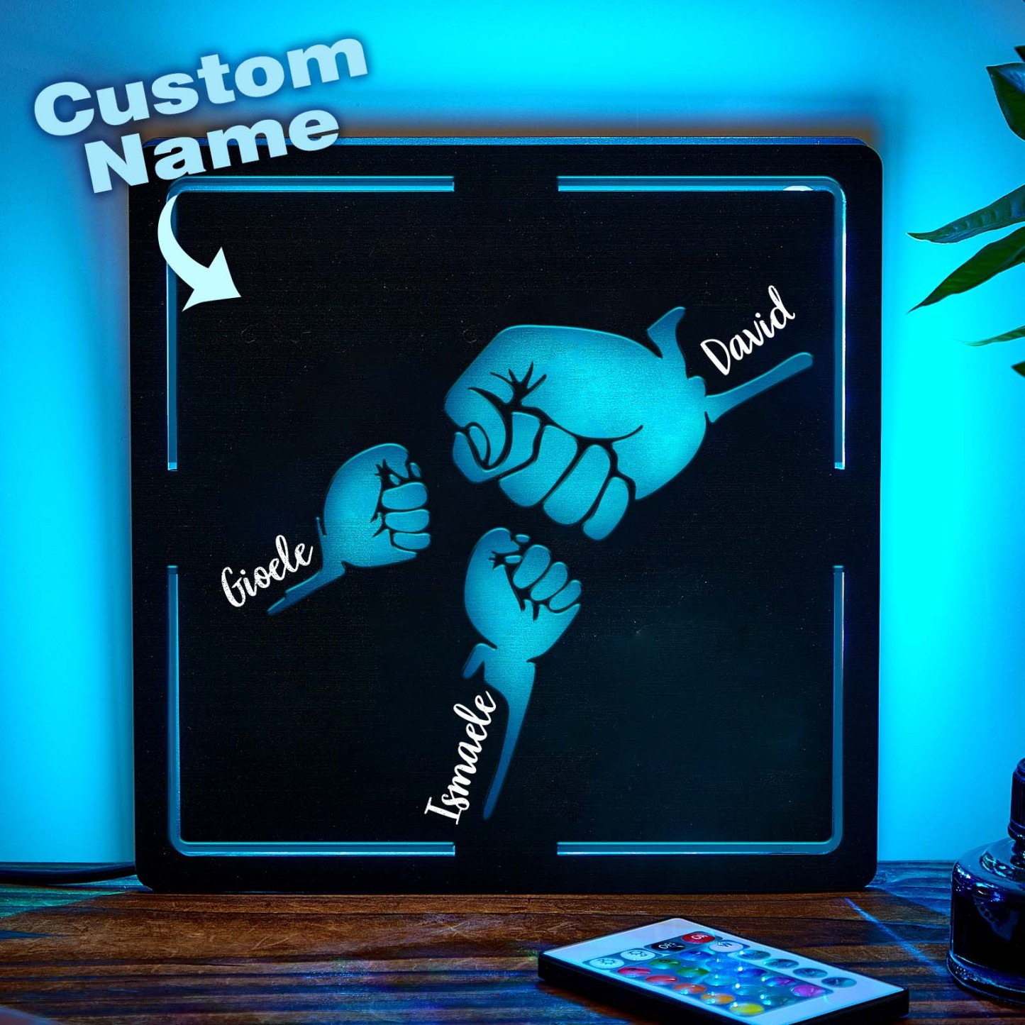 Father's Day Customized Name Night Light Wooden Double Layer Fist Night Light Gift for Dad