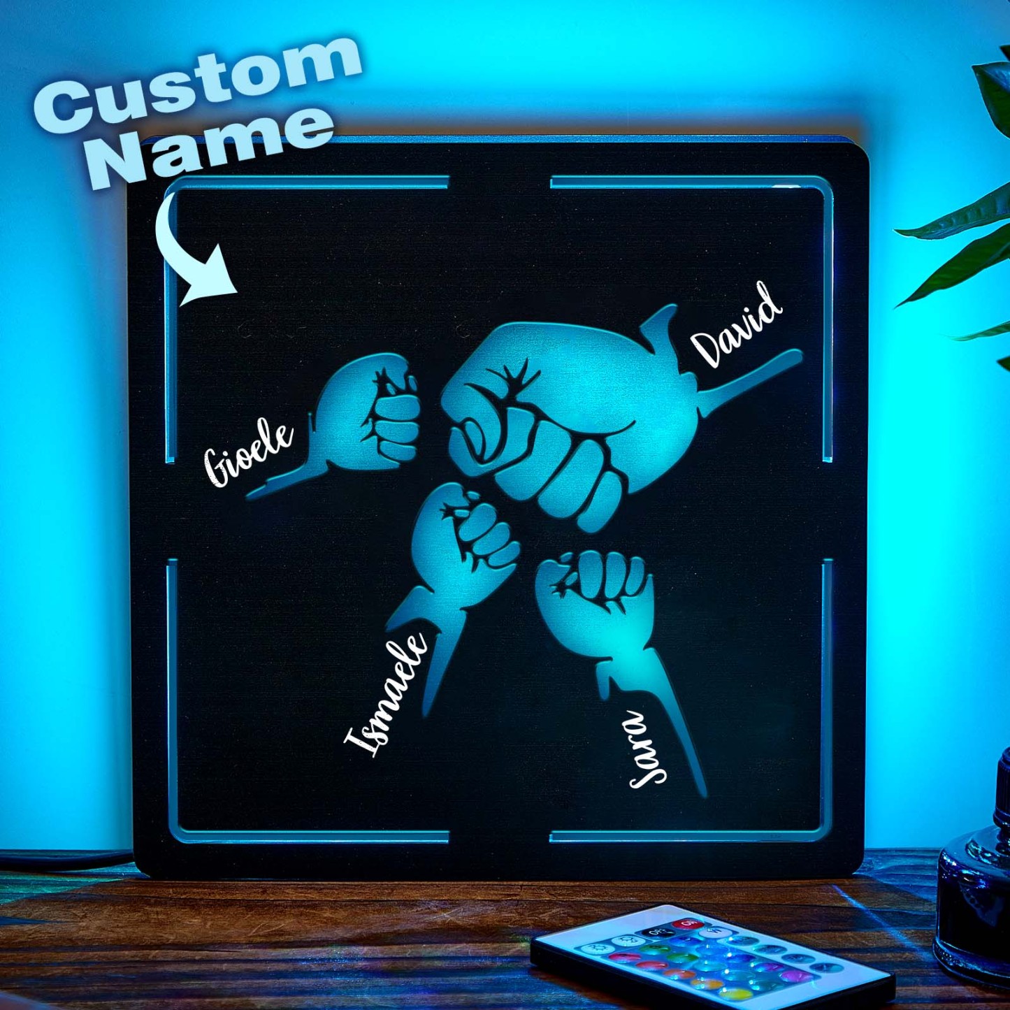 Father's Day Customized Name Night Light Wooden Double Layer Fist Night Light Gift for Dad