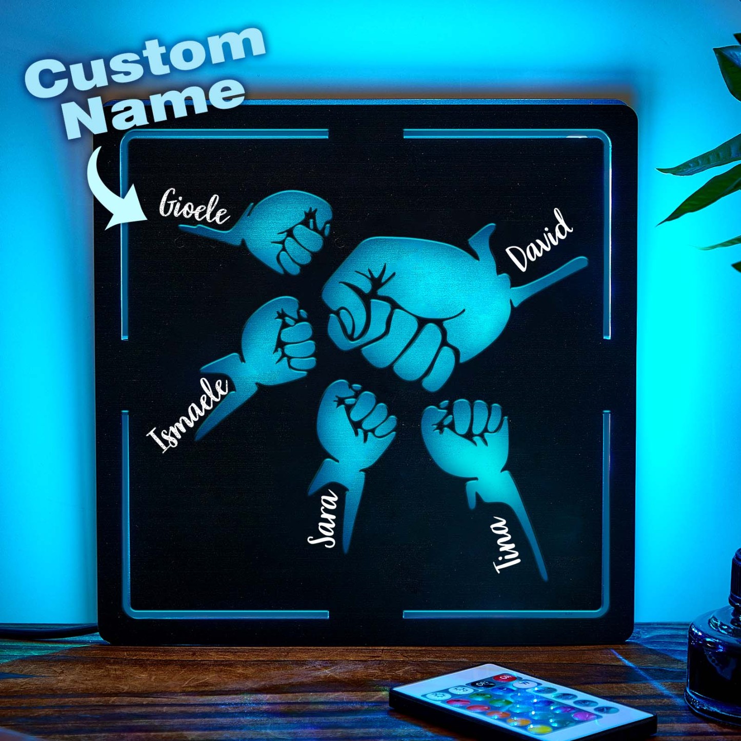 Father's Day Customized Name Night Light Wooden Double Layer Fist Night Light Gift for Dad