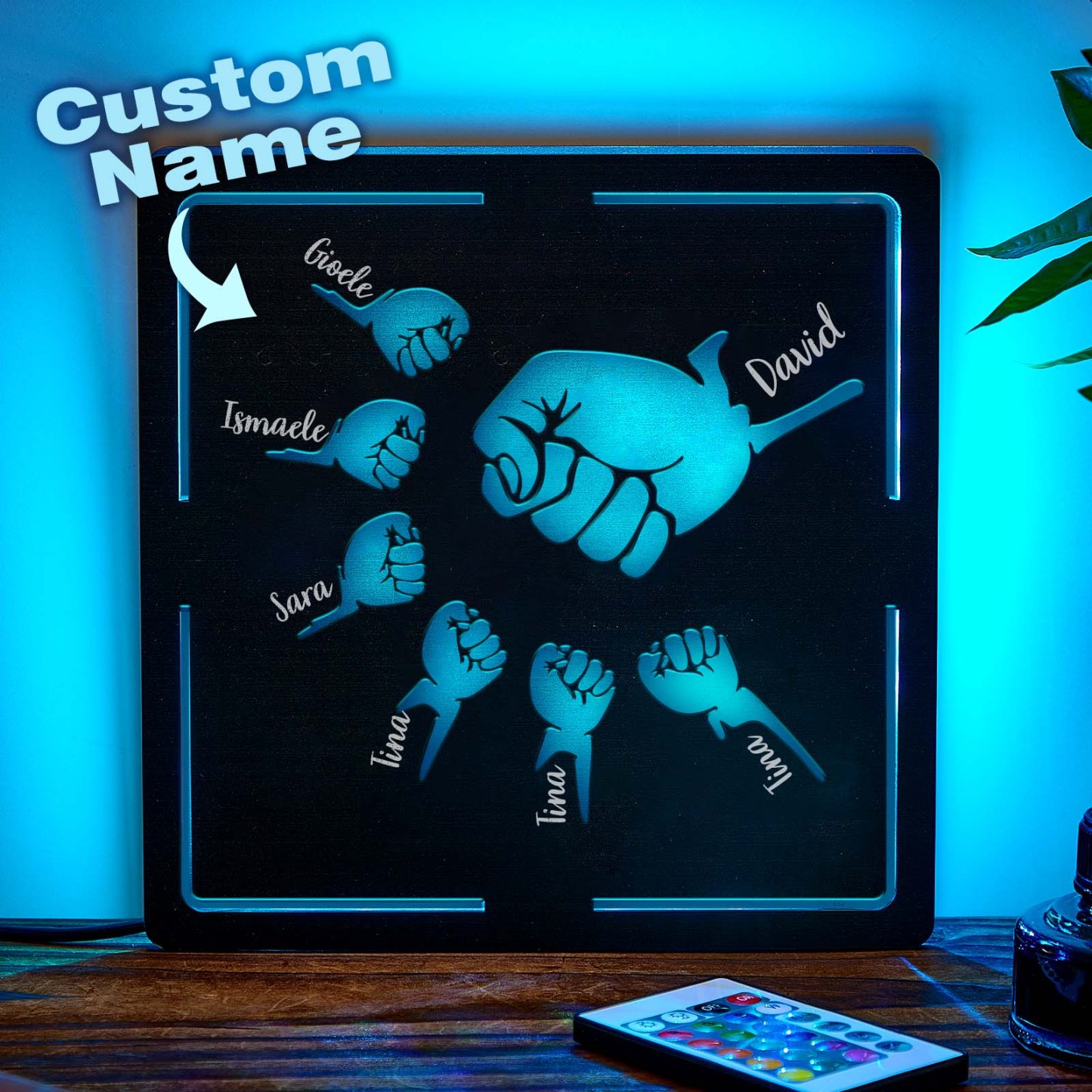 Father's Day Customized Name Night Light Wooden Double Layer Fist Night Light Gift for Dad