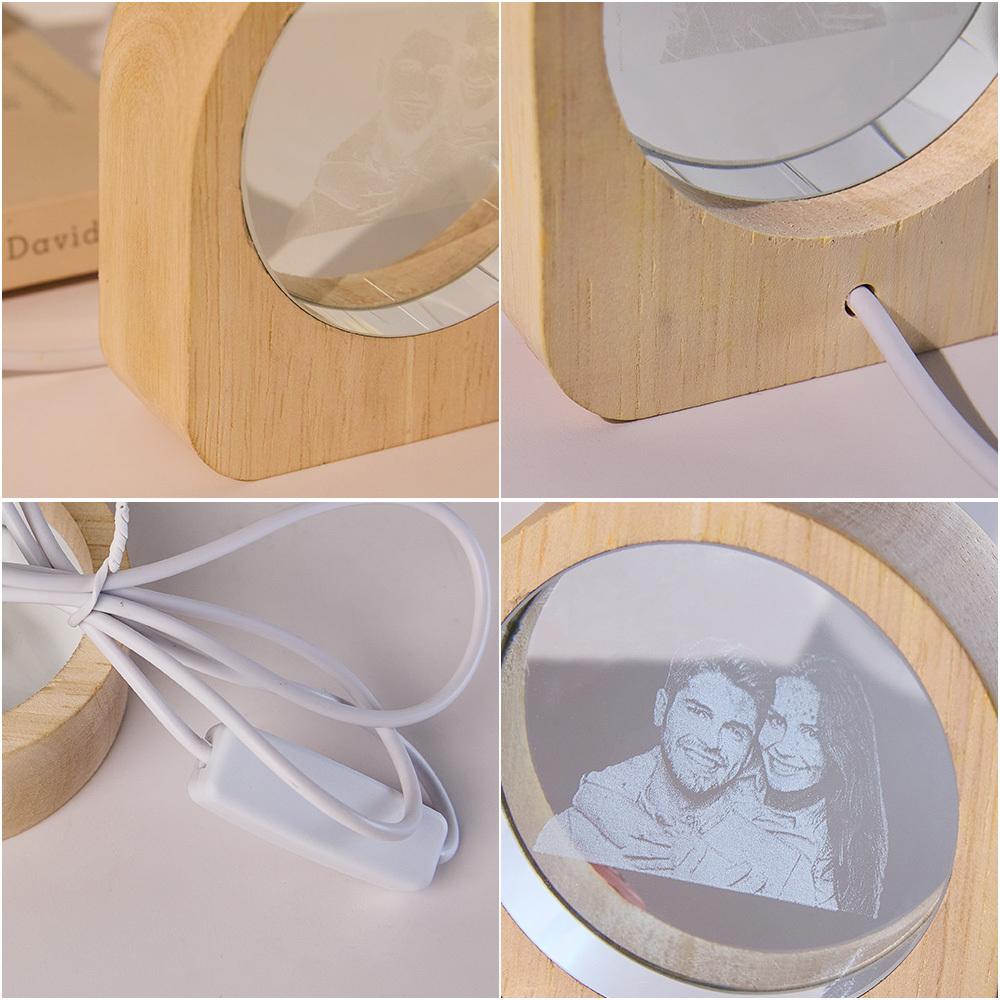 Custom Picture Photo Glass Night Light - LED Light Wooden Base, Unique Gift for Lover, Pets, Birthday - PhotoMoonLamp