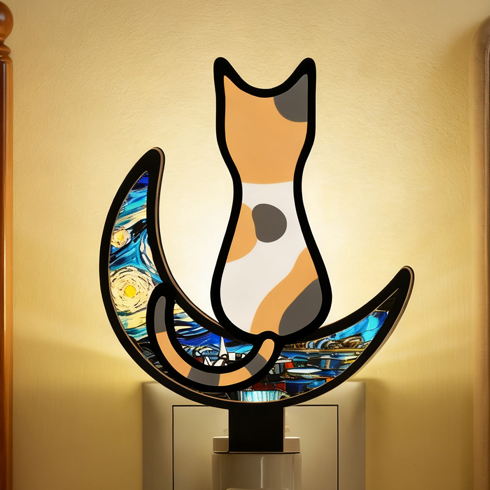 Customizable Acrylic Cat Night Light with Starry Moon Background - Plug-in LED Night Lamp for Bedroom Decor