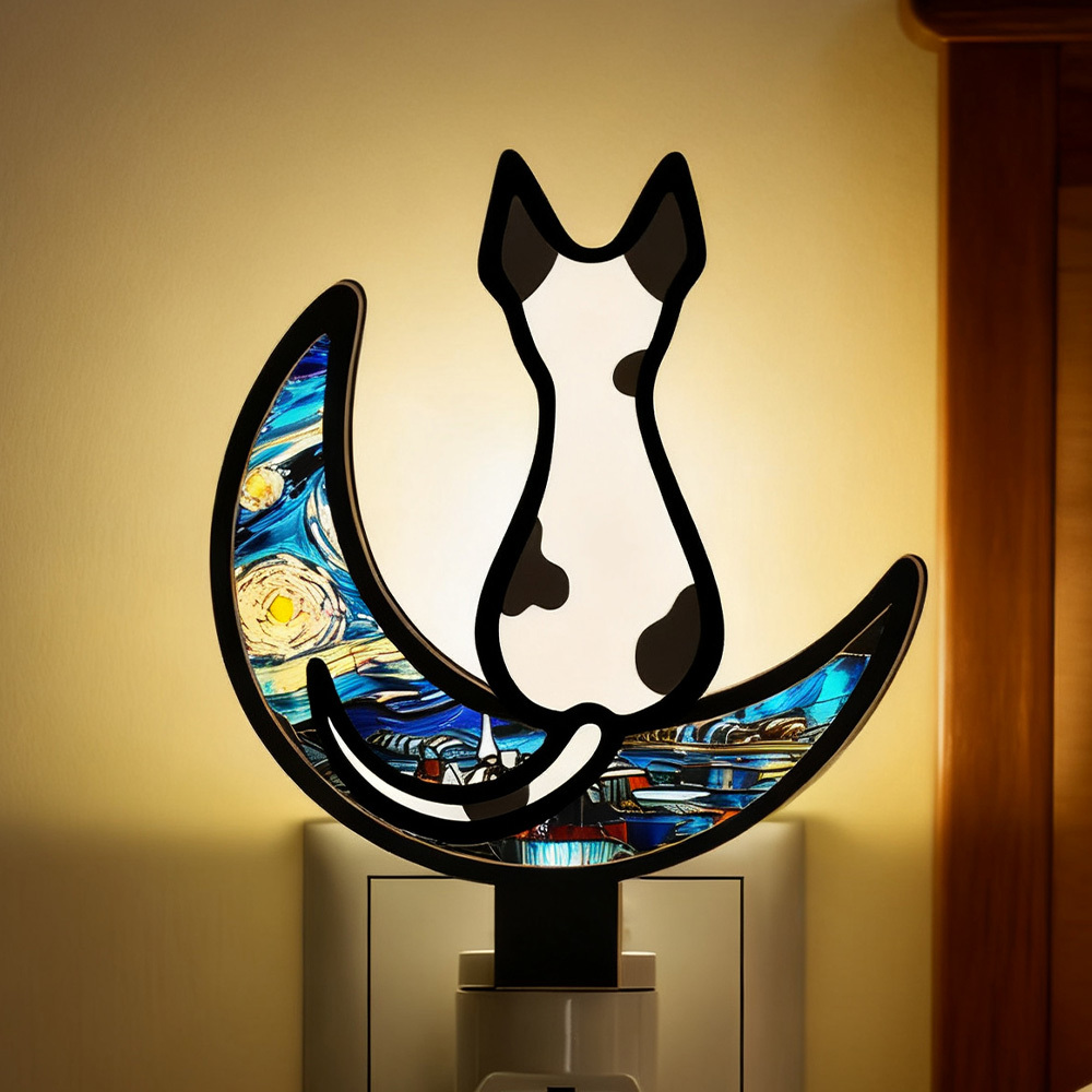Customizable Acrylic Cat Night Light with Starry Moon Background - Plug-in LED Night Lamp for Bedroom Decor