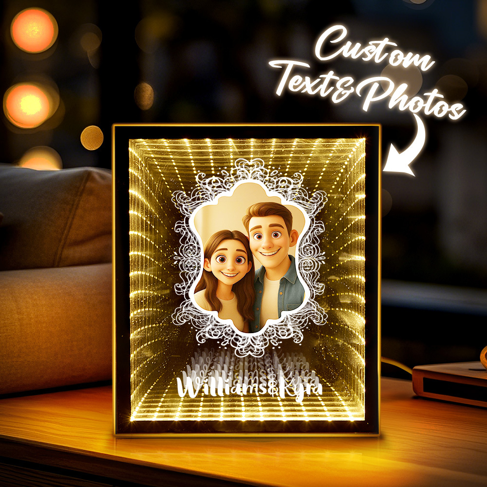 Custom Pixar-Style Photo Abyss Mirror Light LED Infinite Depth Decor Light with Personalized Cartoon Portrait Christmas Gift