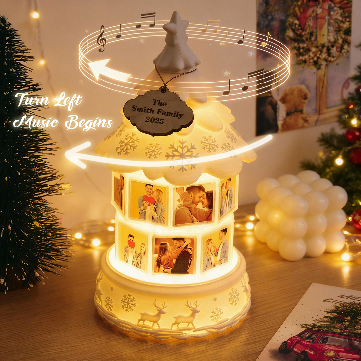 Custom Multi-Photo Rotating Night Light Music Box Engraved Family Keepsake Lamp Christmas Drift Bottle Light Christmas Tree Light Christmas Gift - PhotoMoonLamp