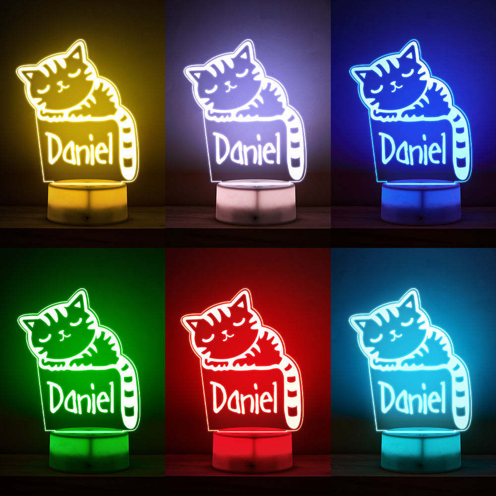 Sleeping Kitty Night Light Personalized Kids Name Lamp For Baby Bedroom - photomoonlamp