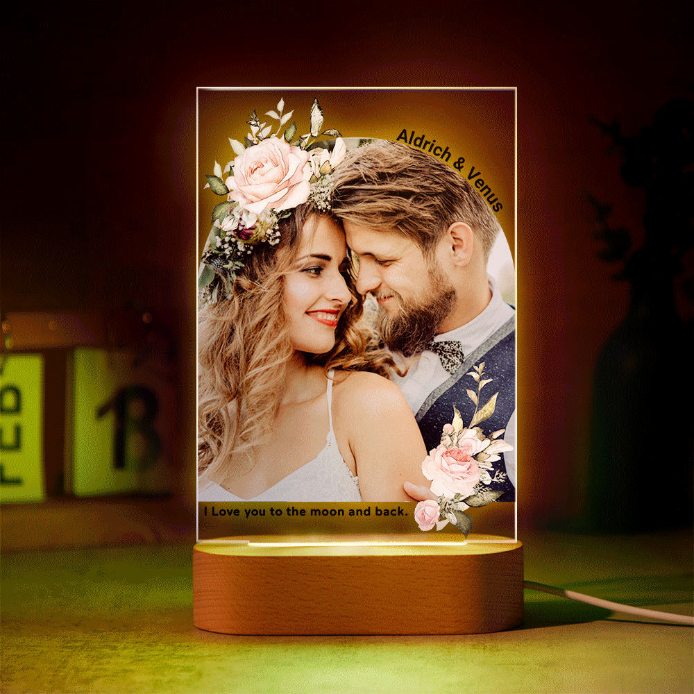 Custom Photo Print with Flowers Colorful Lamp Personalized Acrylic Night Light Engagement Gift - photomoonlamp