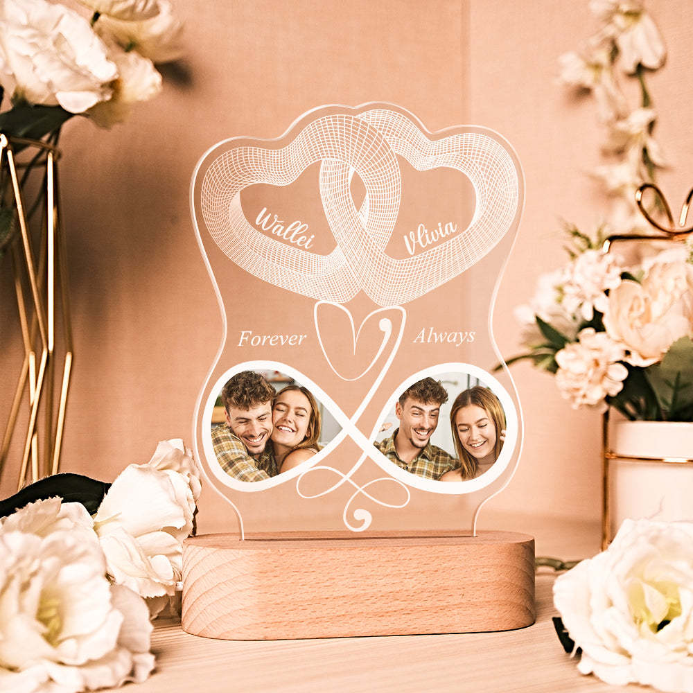 Infinity Symbol Love Custom Photo Acrylic Led Lamp, Personalised Plaque Valentine Gift For Wife, Anniversary Gift For Him, Heart In Heart - photomoonlamp