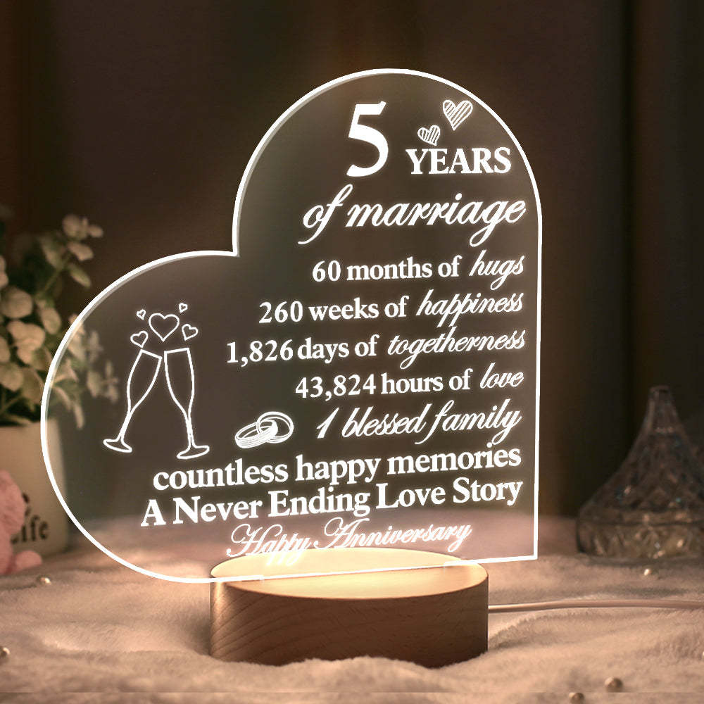 Personalised Anniversary Wedding Night Light Heart Shaped Acrylic Lamp Gifts for Wife Husband - photomoonlamp