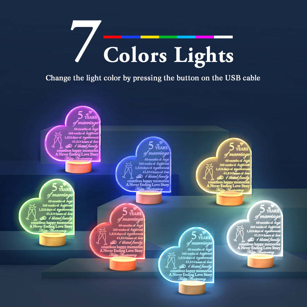 Personalised Anniversary Wedding Night Light Heart Shaped Acrylic Lamp Gifts for Wife Husband - photomoonlamp